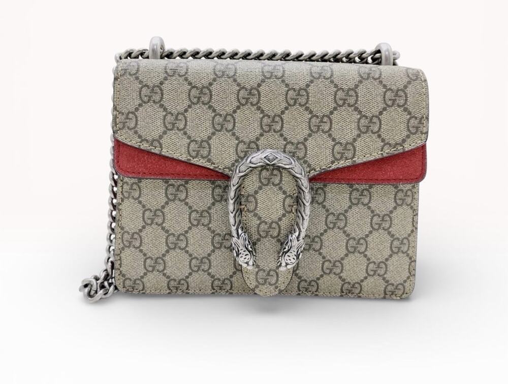 The Gucci Dionysus Mini Chain Shoulder Bag Red Suede/GG Canvas (Style 421970)